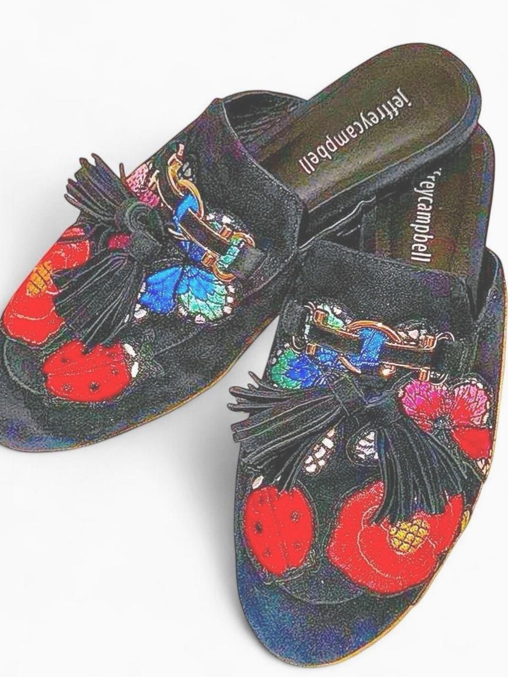 Jeffrey Campbell Black Suede Embroidered Tassel Mules with Red and Blue Accents